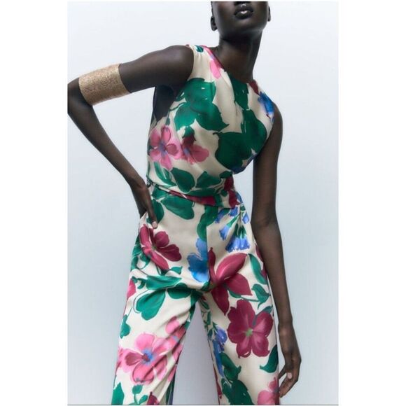 Multicolor Floral Print Zara Drape Neck Sleeveless One-Piece Pant Jumpsuit (NWT) - Picture 2 of 5